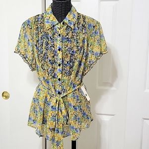 Style And Company Womens Top Soze 16W Multicolor Sheer  Floral NWT